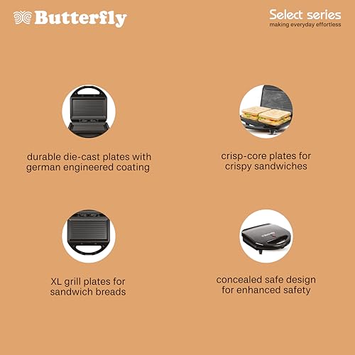Image of Butterfly Crosta Grill 750W Sandwich Maker | German‑Engineered Non-stick Coated Plates | Crisp‑Core Heating Design | 1 Year Warranty