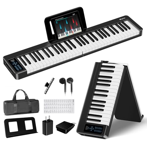 Rhymo 61 Key Folding Piano Keyboard, Semi-Weighted Full Size Keyboard Portable Piano with Music Rest, Bag, Bluetooth & MIDI for Beginner, Kids, Adults, Black