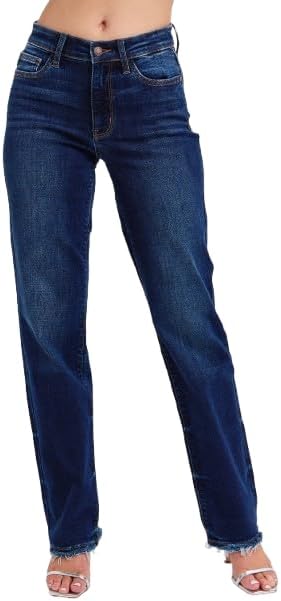 Judy Blue Mid Rise Straight Leg with Fray Hem 82622 (US, Numeric, 7, Regular, Regular, Dark Blue)