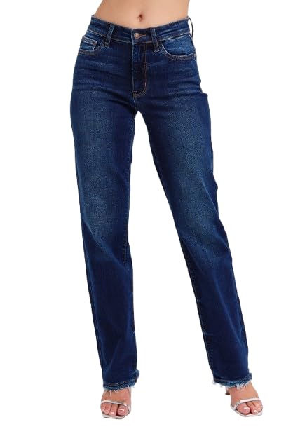 Judy Blue Mid Rise Straight Leg with Fray Hem 82622 (US, Numeric, 11, Regular, Regular, Dark Blue)