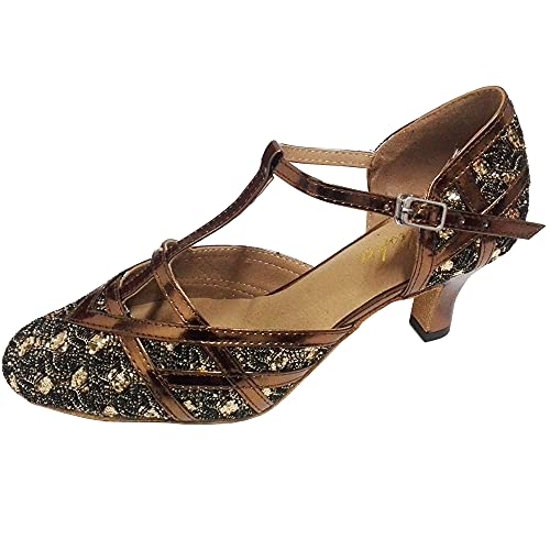 Chaussures de danse latine pour femme - Talon cubain de 6,3 cm - Bout fermé - Semelle souple - Sandales de danse professionnelle, bronze, 39 EU Cover
