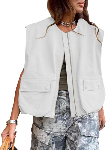 JAWINT Lässige Damen-Cargo-Weste mit Reißverschluss, übergroßer Rundhalsausschnitt, gerüschter Saum, ärmellos, Blazer, Jacken, Weiss/opulenter Garten, XX-Large
