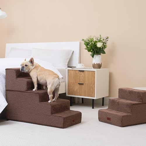 Image of EHEYCIGA Dog Stairs for High Bed 22.5 inch H, 5-Step Dog Steps for Bed, Pet Steps for Small Dogs and Cats, Non-Slip Balanced Pet Ramp Indoor, Brown