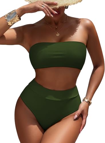 Pink Queen Women's Remove Strap Pad Thong Bikini Set Swimsuit Army Green M