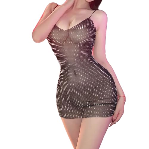 [YISMate] キャミソールワンピース タイトワンピース セクシー ランジェリー ボディスーツ キャミドレス 過激 エロ 透け透け 極薄シースルー エッチ レディース 全身タイツ 誘惑 ラインストーン キラキラ Ｖネック 谷間 胸元 コスチューム - 画像1