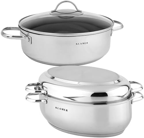 KLAMER Bräter mit 2 Deckeln + Servierpfanne 28 cm Set, Schmorpfanne | mit Deckel 28cm Induktion, Edelstahl Schmortopf backofengeeignet, Schmorpfanne hoher Rand, Premium Beschichtun