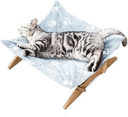 Phupaw Cat Hammock,Raised Wooden Cat Hammocks for Indoor Cats,Detachable Elevated Cat Bed with Stand for Small Dogs Pet,Blue