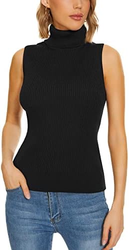 A ROW Knit Sleeveless Turtlenecks/Mock Neck for Women Knit Sleeveless Tops High Stretchy Fitted Basic Sweater Vest Black
