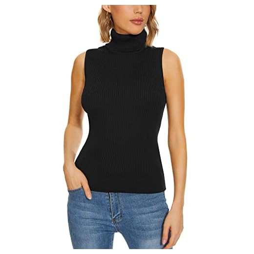 A ROW Knit Sleeveless Turtlenecks/Mock Neck for Women Knit Sleeveless Tops High Stretchy Fitted Basic Sweater Vest Black