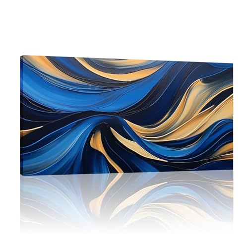 Toile abstraite bleu et or encadrée, œuvre d'art moderne haut de gamme