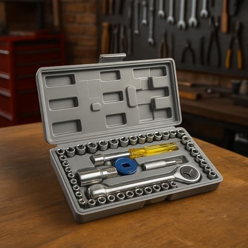 46 Parça Lokma Anahtar Seti – Cırcırlı Kol, Uzatma Aparatı ve Tornavida Uçlu Çok Amaçlı El Aleti Takımı (Metal Kutu) - Görsel 3