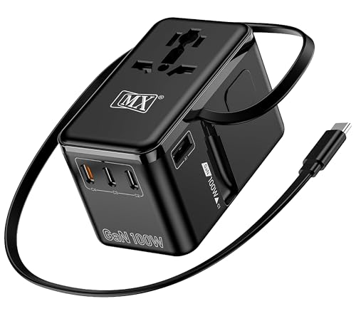 Image of MX GaN 100W Universal Travel Adapter with Retractable 54cm USB-C Cable, 3 USB-C Ports & 1 A Port, 1 Universal Socket, 6-in-1 Fast Charging International Adapter, Type A /C /G /I Output 200+ Countries