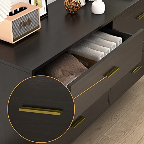Hitow 6 Drawer Dresser Double Dresser For Bedroom，Modern Wide Dressers With Metal Legs, Home Office Storage Dresser, Chest Of Drawers For Living Room, Black Brown B (54" W X 15.6" D X 30.1" H) #TOP3