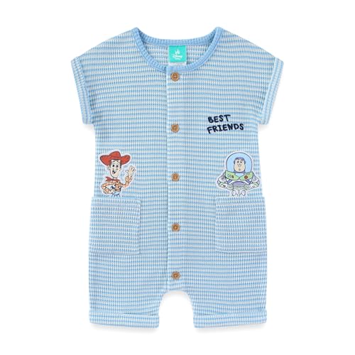 Disney Toy Story Woody and Buzz Lightyear Baby Boys Button Up Waffle Knit Romper for Infant, Blue, 24 Months