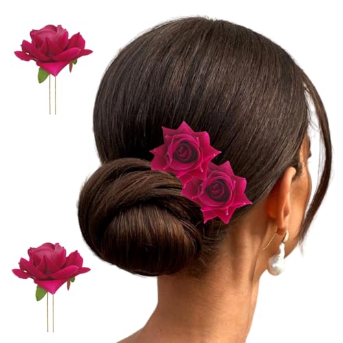 Image of Hair Flare Artificial Plastic & Metal Rose Flower with An Abundance of Petals Design Hairpin /Hair Clip /Judabun | Bridal Hair Accessories, Wedding, Festival for Women & Girls - 2700, Set of 2