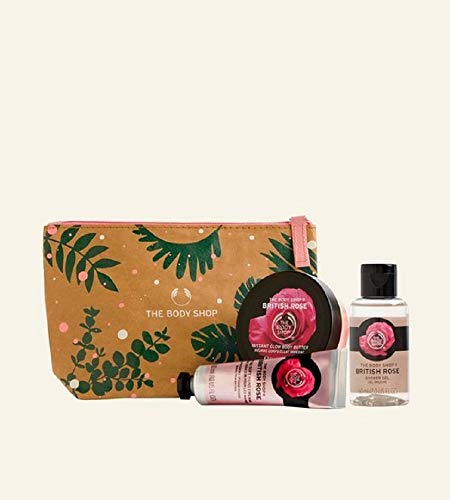 The Body Shop - 4 PC Mini Set British Rose Hand Cream, shower gel, Body Butter Zip Bag TRAVEL GYM