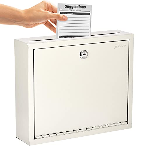 Adir Metal Suggestion Box with Lock and Slot, Wall Mount Deposit Box for Payments and Checks, Office Mail Box for Employees, Mailbox for House, Safe Drop Box with Keys - 3x10x12 Inch White by Adir Corp. - Used condition - US$18.44