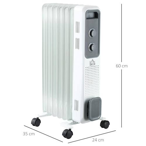 HOMCOM 1500W Oil Filled Radiator, Portable Electric Heater with 3 Heat Settings, Safety Cut-Off and Wheels, White - Image 6