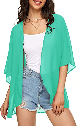 Image of Indian Trendy Women's Solid Puff Sleeve Kimono Cardigan Loose Cover Up Casual Blouse Top Chiffon