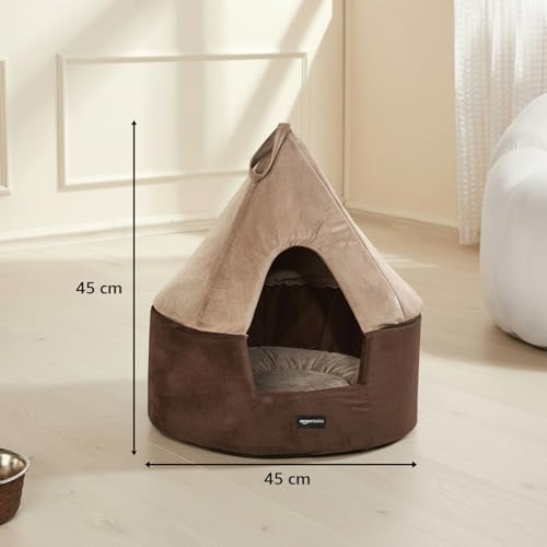 Image of Amazon Basics Pet Bed Cave | Soft & Warm Indoor Tent Bed for Cats, Kittens & Small Dogs | Foldable with Removable Cushion | Light Taupe & Coffee | Diameter 45 cm, Height 45 cm