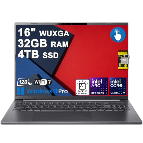 Image of Acer Aspire 16 AI Laptop 16" WUXGA IPS 120Hz Touchscreen 100% sRGB Intel 8-core Ultra 9 288V (Up to 48 NPU Tops) 32GB RAM 4TB SSD Backlit for Creator Designer Business Professional Win11Pro ICP Hub
