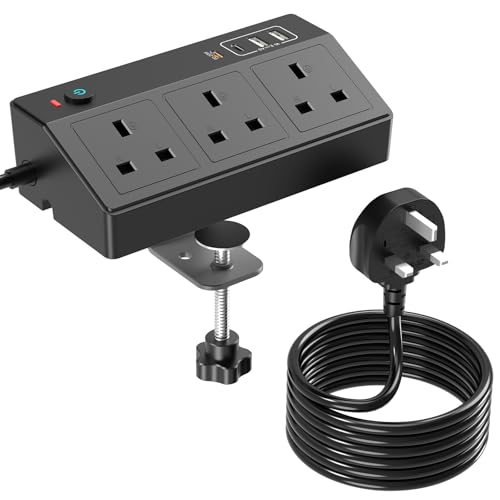Desk Power Socket with USB C Slots HAFINO PD 20W Fast Charging Power Station Extension Lead with USB Slots 3M with Removable Clamp Desktop Power Strip for Home Office