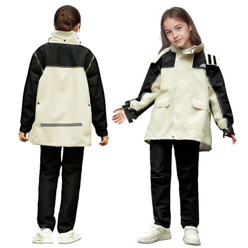 Baogaier Kinder Regenjacke und Regenhose Set, Unisex Jungen Mädchen Leicht Ungefüttert Regenanzug, Wasserdicht Regenmantel & Matschhose Anzug mit Tragetasche, 9-10 Jahre, Beige