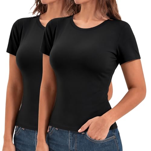 Walifrey Womens Short Sleeve Tops 2 Pack, Slim Fit T-Shirt Casual Basic Summer Top for Women 2026 Fashion Clothes(Black/Black S)