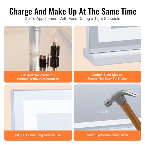 Miniatura 6 de Vevor Gran Espejo De Maquillaje Iluminado Con Tres Modos De Iluminación Color, Led Luces, Aumento De 5x, Bluetooth, Usb, Control Táctil Inteligente, Montaje En Pared A Escritorio, 800 X 120 X 572 Mm