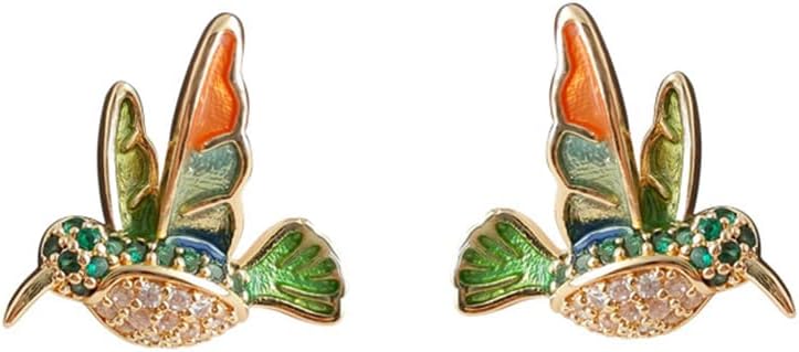 Crystal Hummingbird Earrings Stud Earrings Colorful Cute Animal Bird Flying Gold-Tone Plated Oil Painting Earring for Women S925 Sterling Silver Post Hypoallergenic