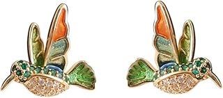 Crystal Hummingbird Earrings Stud Earrings Colorful Cute Animal Bird Flying Gold-Tone Plated Oil Painting Earring for Women S925 Sterling Silver Post Hypoallergenic