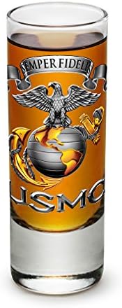 US Marine Corps USMC Marines - EGA - Earth Globe and Achor - Semper Fidelis - Shot Glass Shooter Heavy Base Tall 2 Ounce - Single - For Liquor - Whiskey, Tequila, Vodka, Spirtis, Beverages -