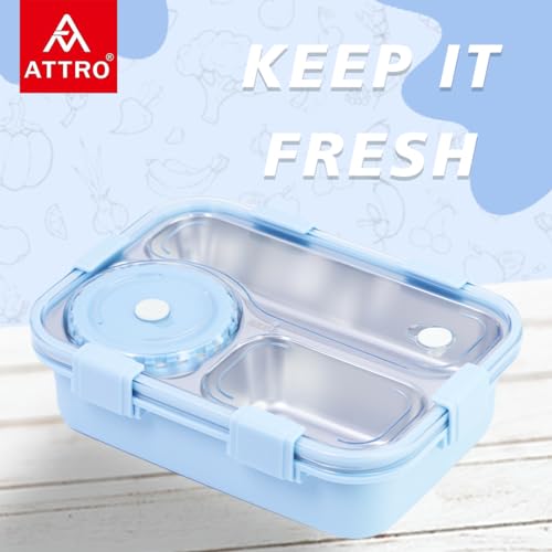 Image of ATTRO Lunch Pro Deluxe 3 Lunch Box with Detachable Inner Steel Compartments, Spoon, one Small Container, Heating Water Insulation Design, Foodgrade, Leakproof-750ml Blue