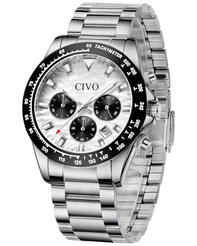CIVO Reloj Pulsera Hombre Plata: Cronografo Grande Analogico Cuarzo Calendario - Acero...