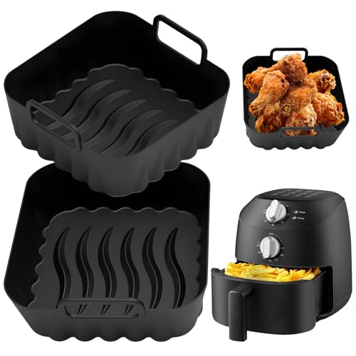 Sahunfri 2 Pack Silicone Air Fryer Liners Compatible with Midea 2L Air Fryer, Reusable Non-Stick Air Fryer Silicone Liner with Handles for Easy Grip, Dishwasher Safe BPA-Free Airfryer Liner (Black-2)