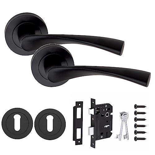 Golden Grace Astrid Design Key Lock Door Handles Set on Round Rose in Matt Black Finish with 64mm 3 Lever Mortise Lock & Key Hole