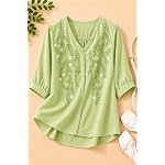 rieka womens embroidered korean style top and tunic v neck floral thread embroidery three quarter puff sleeves relaxed fit curved hem casual everyday fusion top