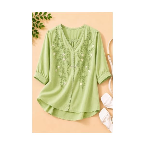 rieka womens embroidered korean style top and tunic v neck floral thread embroidery three quarter puff sleeves relaxed fit curved hem casual everyday fusion top
