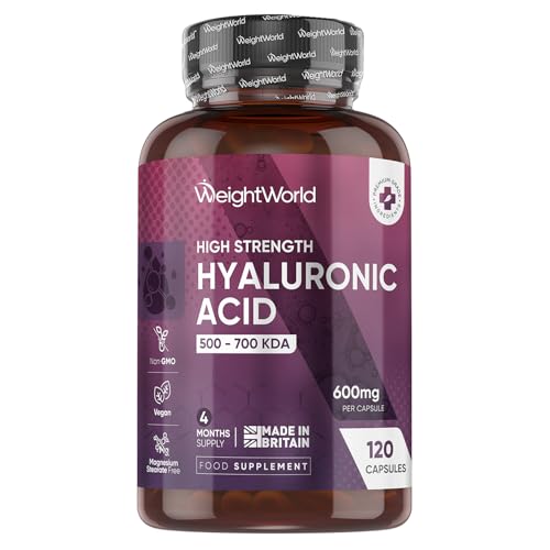 Hyaluronic Acid Supplement 600mg (500-700 KDA) - 1 per Day - 120 High Strength Capsules - 4 Months Supply - Non-GMO, Vegan-Friendly & GMP-Approved Hyaluronic Acid Capsules - Made in The UK