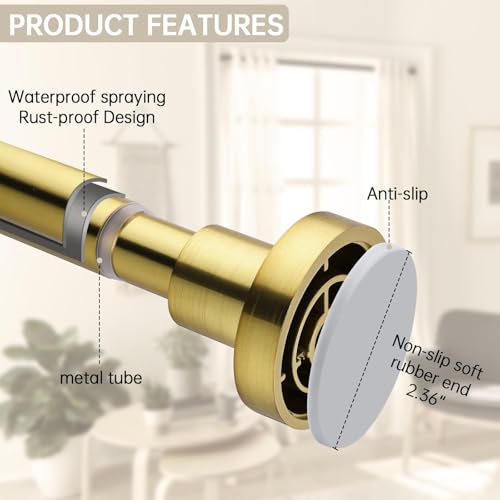 Image of BRIOFOX Shower Curtain Rod Adjustable 18-50 Inch, Spring Tension Shower Rod No Drilling Non Slip, Brushed Gold