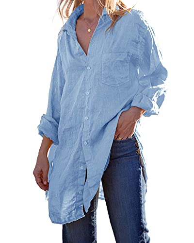 runcati womens button down shirts linen cotton long sleeve blouse tunic tops cover up shirt loose beach bikini dress