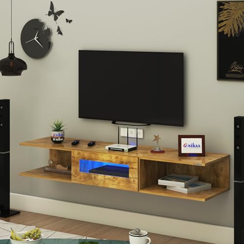 Image of Anikaa Vetra Wall Mount Modern Floating TV Unit for Living Room with Open Shelf Storage Cabinet & Middle Cabinet Blue LED Light (Ideal for 32 to 65 inch TV, DIY Installation, Gaintwood Finish)
