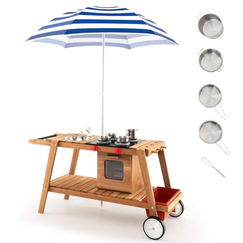 COSTWAY Matschküche Kinder Outdoor, Kinderküche Holz mit Sonnenschirm & Rollen, Outdoorküche Garten Küche Spielset inkl. Zubehör, Garten Spielküche für Kinder ab 3 Jahren (Blau)