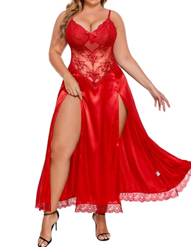 Image of Alrovetoney Plus Size Lingerie For Women Babydoll Sexy Mesh Maxi Nightdress Exotic Sleepwear Side Slits