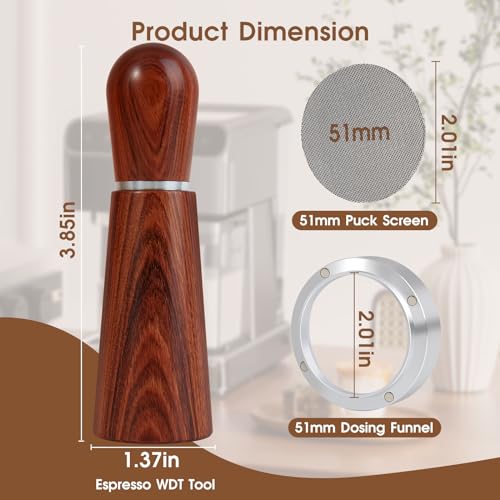 51mm Espresso Accessories Kit, WDT Tool, Dosing Funnel and Puck Screen Set, 316 Stainless Steel Needle Coffee Distribution Stirrer, Portafilter Dosing Ring for Barista 51 mm