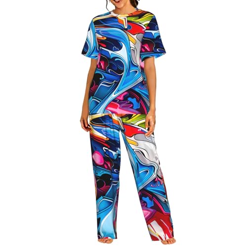 Pyjama court femme imprimé graffiti en coton léger pour nuit d'été douce
