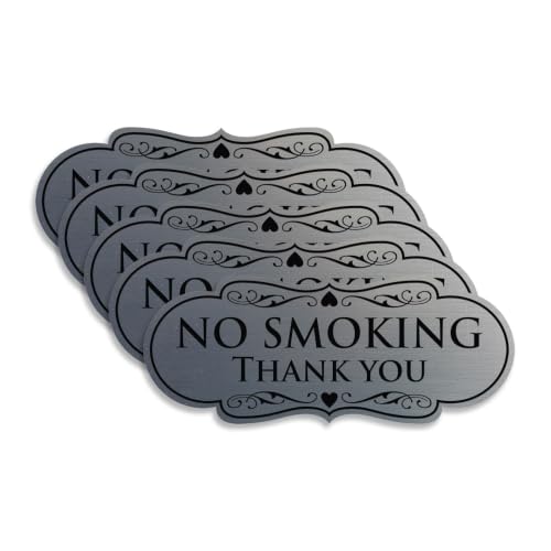 All Quality Designer No Smoking Thank You Wall or Door Sign - Easy to Install | Silver Medium (5 Pack)
