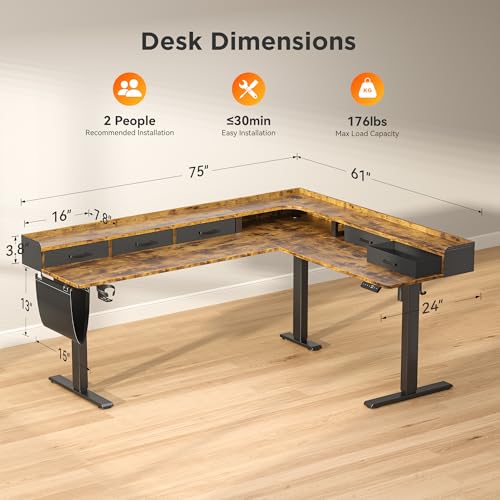 Image of WALKINGDESK 75 Inches Height Adjustable L Shaped Standing Desk with 5 Drawers and Monitor Shelf, Electric Sit to Stand Home Office Computer Table, Ergonomic Corner Gaming Desk, Rustic Brown