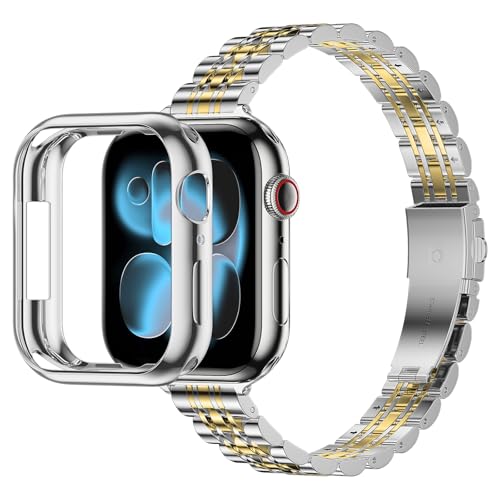 iiteeology Slim Metal Bands Compatible with Apple Watch Band Series 9-1/SE 3-1, Women Thin Stainless Steel Band with with Bumper Case for iWatch Band 45mm 44mm 42mm, Silver/Gold by iiteeology - Used condition - Image 2