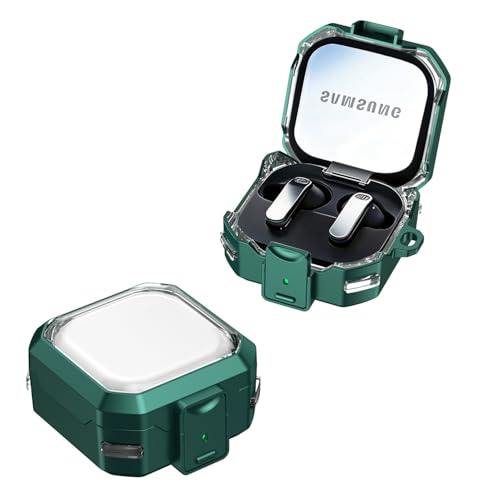 Image of Transparent Lock Armor Case Cover for Samsung Galaxy Buds 4 and 4 Pro, Clear, Shockproof with Heavy Duty Carabiner (Green, Transparent Armor Lock)